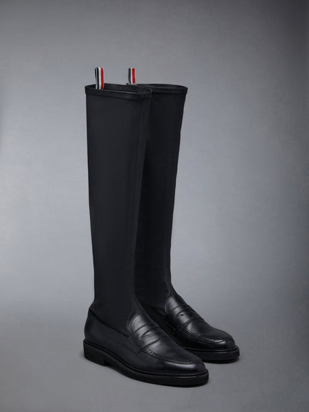 Stretch Vitello Calf Micro Sole Knee High Penny Loafer Boot BLACK