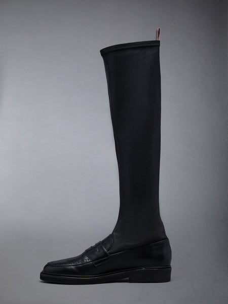 Stretch Vitello Calf Micro Sole Knee High Penny Loafer Boot BLACK