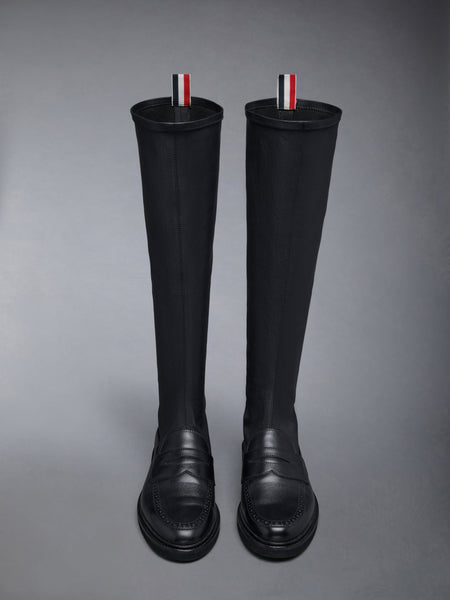 Stretch Vitello Calf Micro Sole Knee High Penny Loafer Boot BLACK