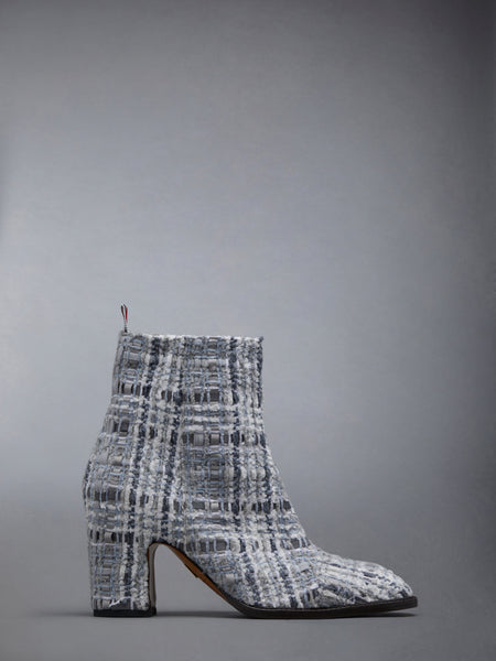 Prince of Wales Check Chenille Tweed 75mm Block Heel Ankle Boot MED GREY