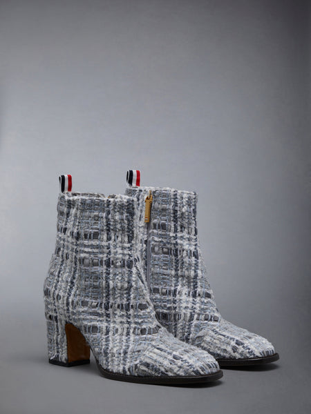Prince of Wales Check Chenille Tweed 75mm Block Heel Ankle Boot MED GREY