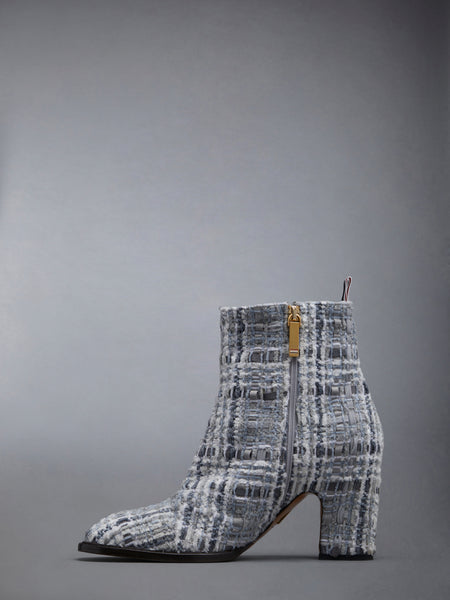Prince of Wales Check Chenille Tweed 75mm Block Heel Ankle Boot MED GREY