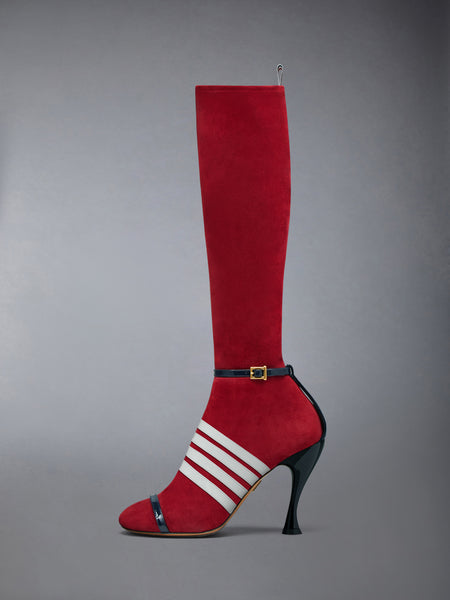 SOFT SUEDE TROMPE L'OEIL 4-BAR SANDAL BOOT 105MM BURGUNDY/NAVY