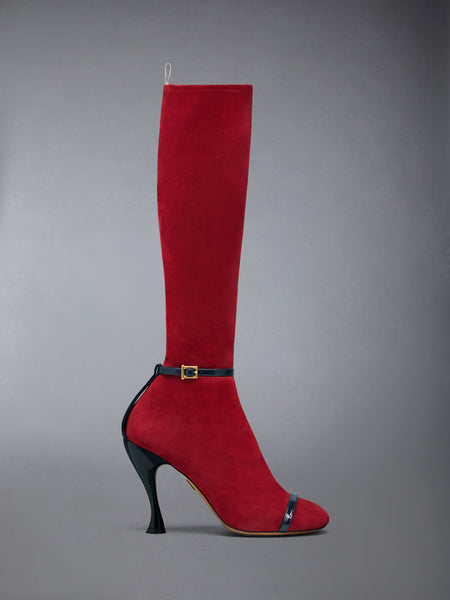 SOFT SUEDE TROMPE L'OEIL 4-BAR SANDAL BOOT 105MM BURGUNDY/NAVY