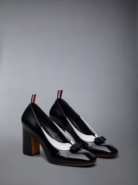 PATENT VITELLINO BOW & COLLAR COURT SHOES 90MM BLK/WHT