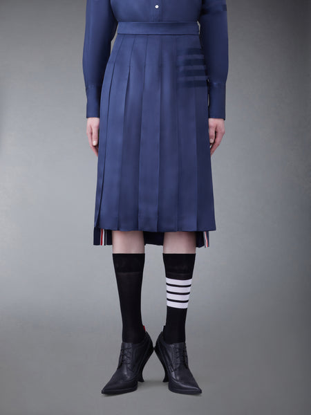 SILK TWILL 4-BAR MIDI PLEATED SKIRT NAVY