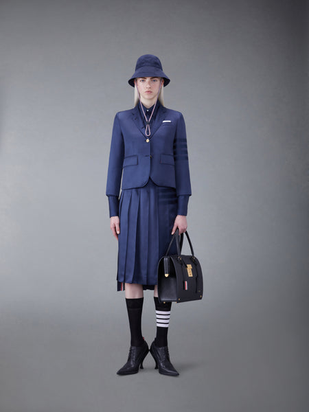SILK TWILL 4-BAR MIDI PLEATED SKIRT NAVY