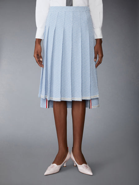 SOLID TWEED KNEE LENGTH PLEATED SKIRT LIGHT BLUE