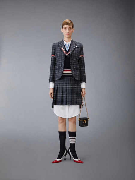 WINDOWPANE HOUNDSTOOTH TEVIOT TWEED PLEATED MINI SKIRT NAVY