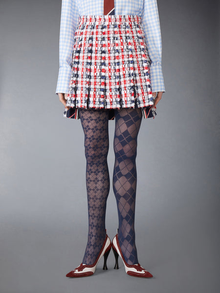 GINGHAM SATIN RIBBON TWEED PLEATED MINI SKIRT RWBWHT