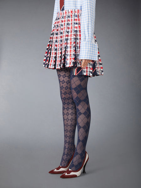 GINGHAM SATIN RIBBON TWEED PLEATED MINI SKIRT RWBWHT