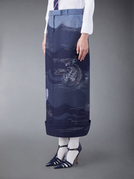 Wool Flannel Stitch Detail Calf Length Sack Skirt DEEP BLUE