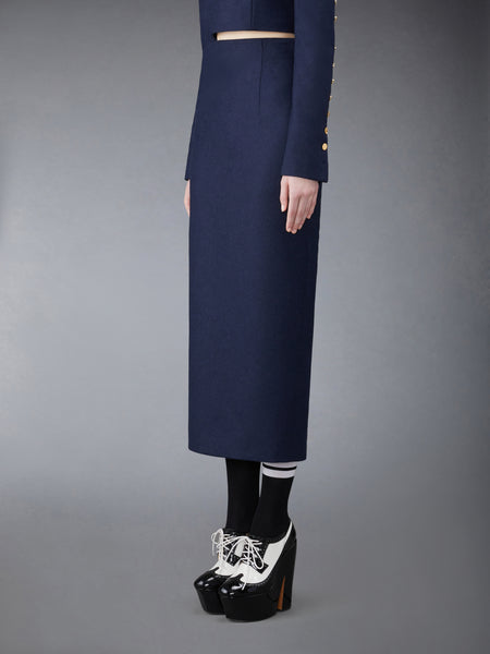 FLANNEL BUTTON BACK PENCIL SKIRT NAVY