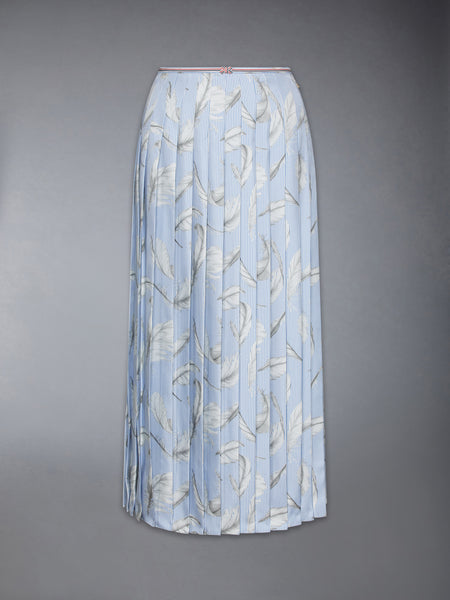 FEATHER PRINTED SILK TWILL PLEAT SKIRT LIGHT BLUE