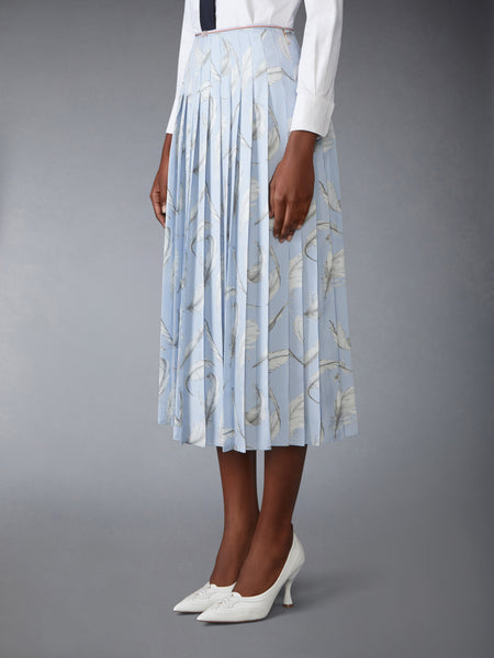 FEATHER PRINTED SILK TWILL PLEAT SKIRT LIGHT BLUE