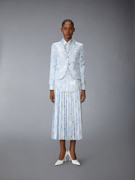 FEATHER PRINTED SILK TWILL PLEAT SKIRT LIGHT BLUE