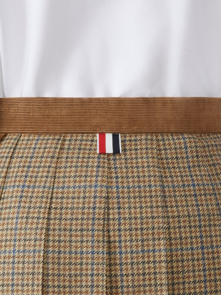 GUNCLUB CHECK CHEVIOT TWEED PLEATED MINI SKIRT BROWN