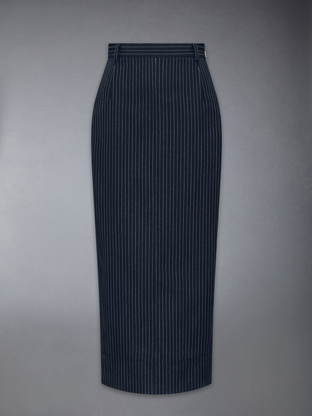 PINSTRIPE HIGH TWIST WOOL HIGH WAISTED PENCIL SKIRT NAVY