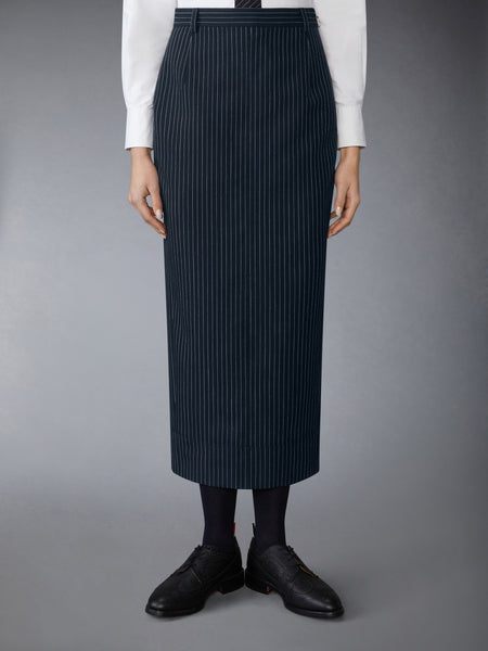 PINSTRIPE HIGH TWIST WOOL HIGH WAISTED PENCIL SKIRT NAVY