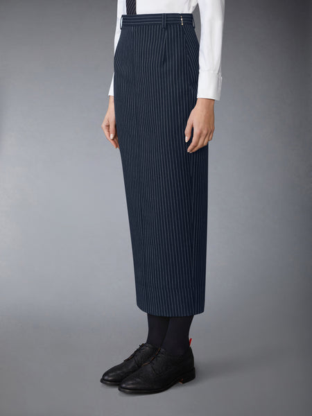 PINSTRIPE HIGH TWIST WOOL HIGH WAISTED PENCIL SKIRT NAVY