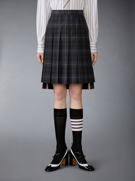 WINDOWPANE PLAID COOL WOOL PLEATED SKIRT BLACK
