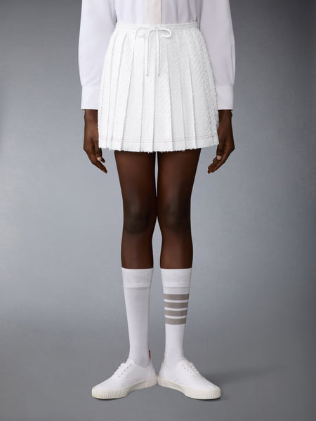 EYELASH TWEED DRAWSTRING PLEATED MINI SKIRT WHITE