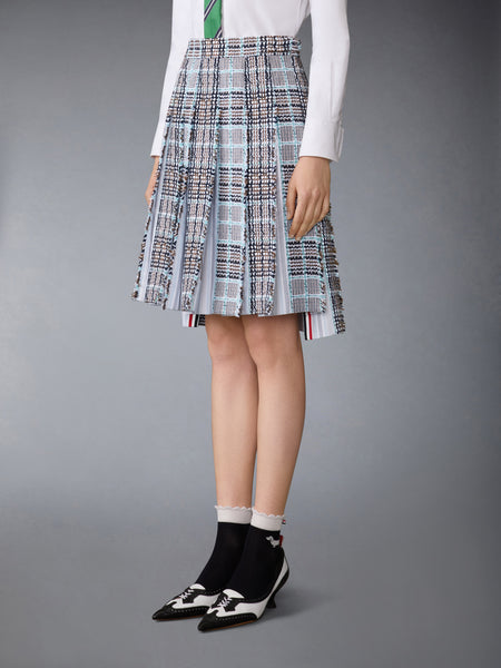 PLAID CHECK SUMMER TWEED FRAYED PLEATED SKIRT SEASONAL MULTI