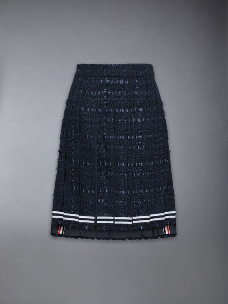 SATIN RIBBON TWEED FRAYED PLEATED SKIRT NAVY