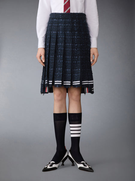 SATIN RIBBON TWEED FRAYED PLEATED SKIRT NAVY