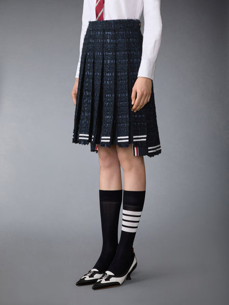 SATIN RIBBON TWEED FRAYED PLEATED SKIRT NAVY
