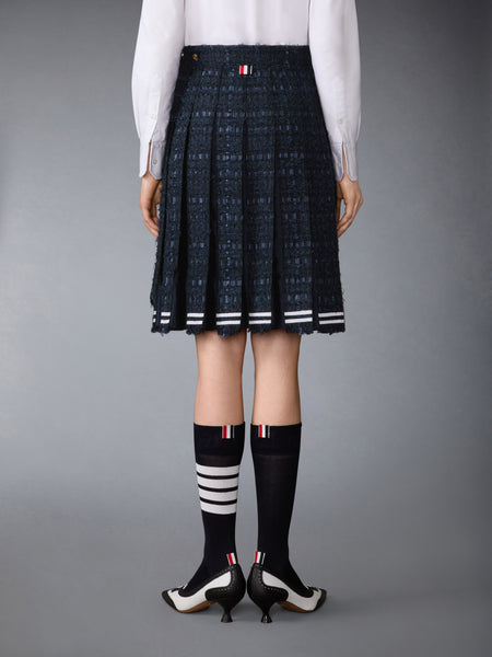 SATIN RIBBON TWEED FRAYED PLEATED SKIRT NAVY