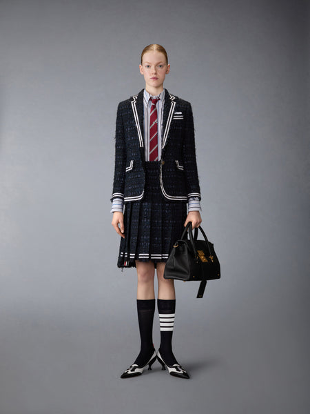 SATIN RIBBON TWEED FRAYED PLEATED SKIRT NAVY