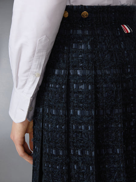 SATIN RIBBON TWEED FRAYED PLEATED SKIRT NAVY