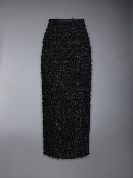 SATIN RIBBON TWEED FRAYED HOBBLE SKIRT BLACK