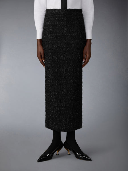 SATIN RIBBON TWEED FRAYED HOBBLE SKIRT BLACK