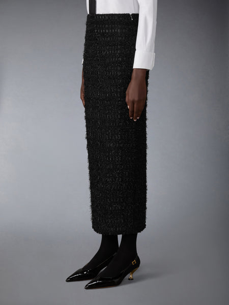 SATIN RIBBON TWEED FRAYED HOBBLE SKIRT BLACK
