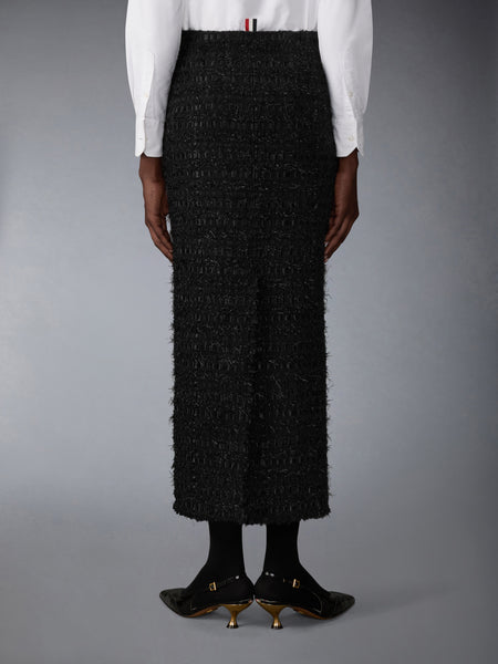 SATIN RIBBON TWEED FRAYED HOBBLE SKIRT BLACK