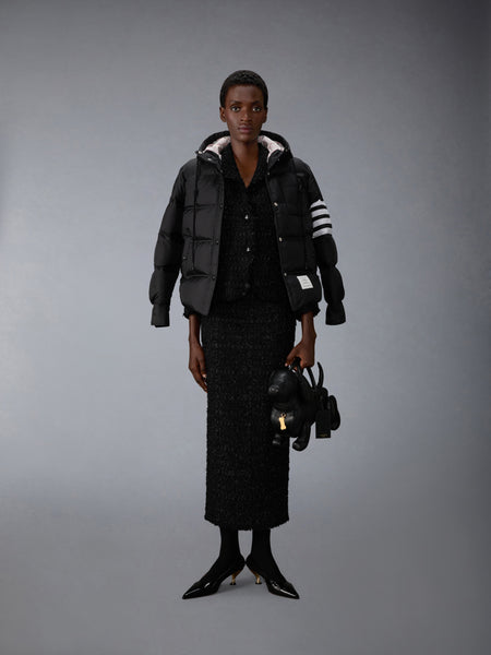 SATIN RIBBON TWEED FRAYED HOBBLE SKIRT BLACK