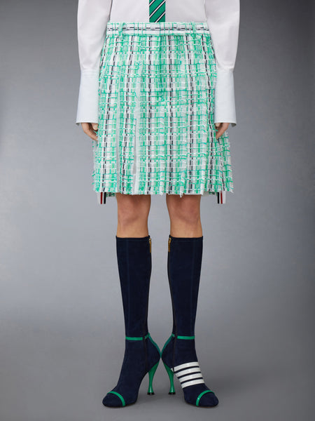 STRIPED SHEER TWEED LOW RISE PLEATED SKIRT GREEN