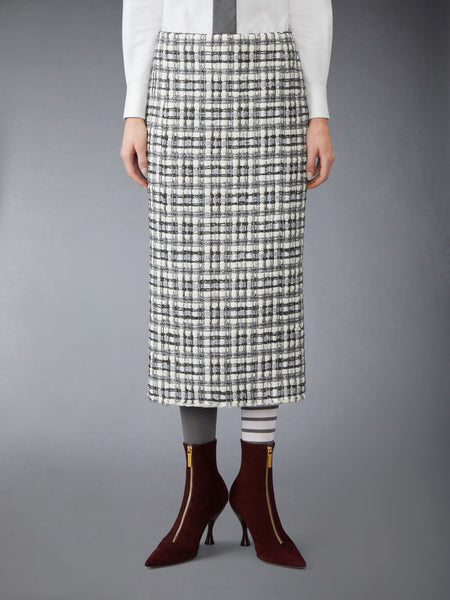 SHEER ORGANZA RIBBON TWEED PENCIL SKIRT WITH FRAY EDGE WHITE