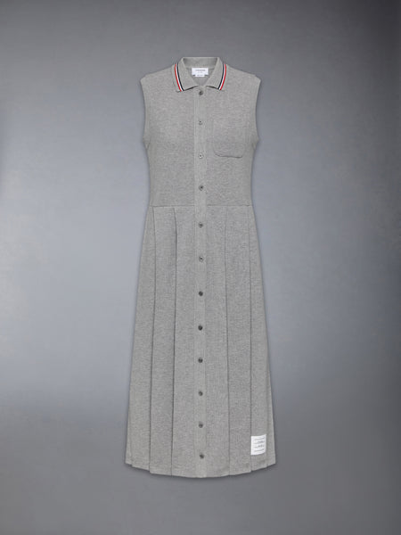 COTTON WAFFLE PLEATED POLO DRESS LT GREY