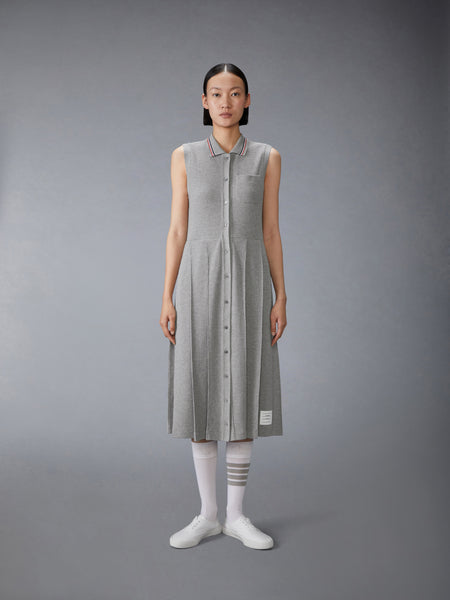 COTTON WAFFLE PLEATED POLO DRESS LT GREY
