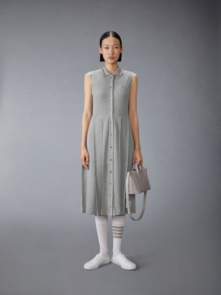 COTTON WAFFLE PLEATED POLO DRESS LT GREY