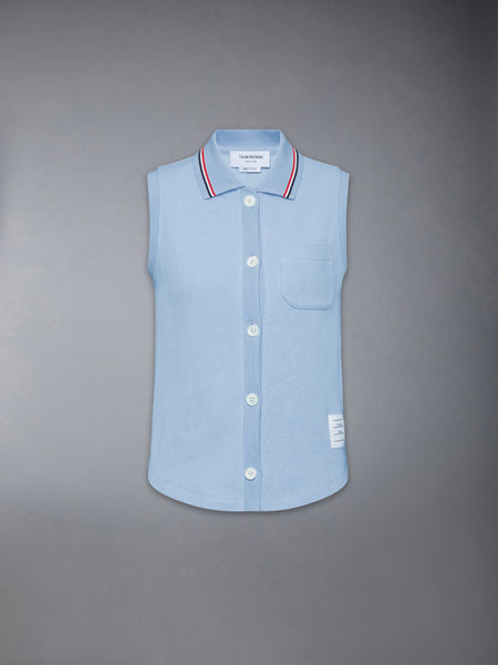 COTTON WAFFLE SLEEVELESS BUTTON SHIRT LIGHT BLUE