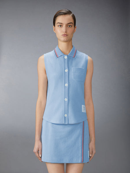 COTTON WAFFLE SLEEVELESS BUTTON SHIRT LIGHT BLUE