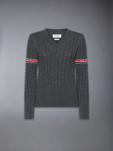 CLASSIC WOOL V NECK CABLE PULLOVER MED GREY