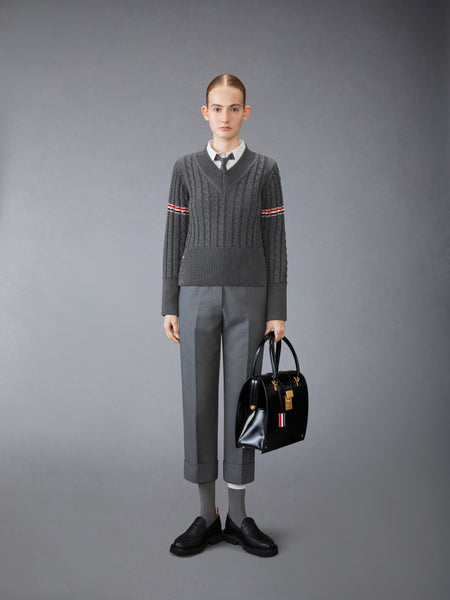 CLASSIC WOOL V NECK CABLE PULLOVER MED GREY