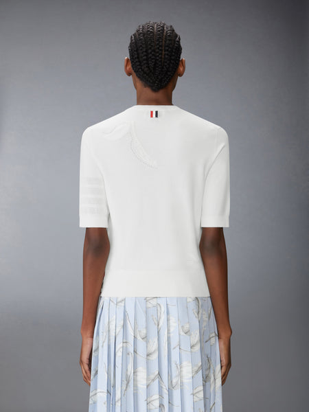 FEATHER INTARSIA POINTELLE 4-BAR TEE WHITE