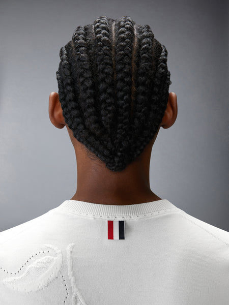 FEATHER INTARSIA POINTELLE 4-BAR TEE WHITE