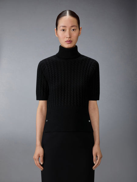 CASHMERE BABY CABLE STITCH  SHORT SLEEVE TURTLENECK BLACK